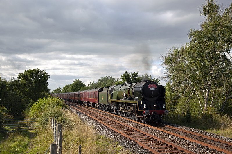 Merchant Navy No.35018 'British India Line' passes Scotby Shield with the York bound returning Waverley charter of 15th August 2021.