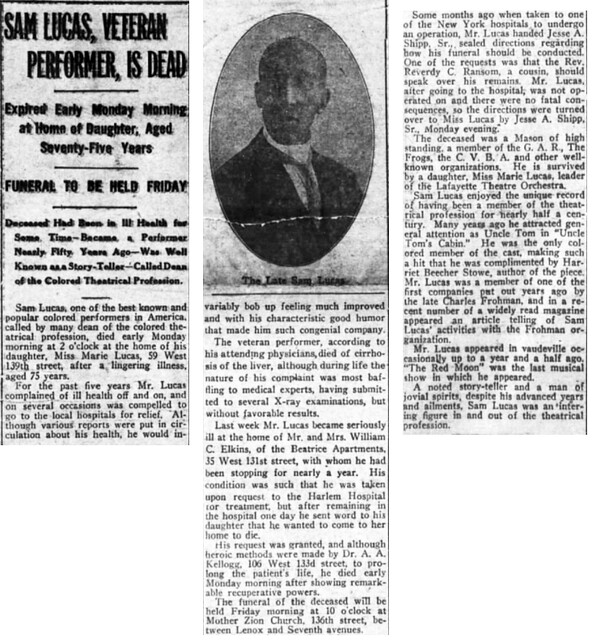 Well Known Performer Sam Lucas, 75, Dies from Pneumonia after Suffering from Liver Disease for Years - from The New York Age, January 13, 1916