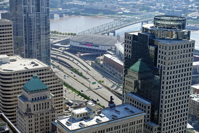 Heritage Bank Center & Scripps Center seen from Carew Tower NHP & NHL at 441 Vine St in Downtown Cincinnati, OH