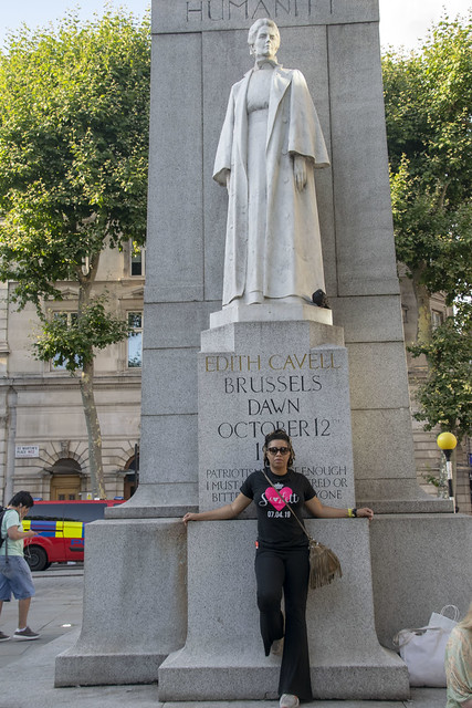 DSC_5858 Alesha Jamaican Fashion Model in Black Trousers and Love Tee Shirt with Sunglasses on Location London West End St Martin-in-the-Fields Memorial Statue For King and Country Humanity Edith Cavell Brussels Dawn October 12th 1915 Patriotism is not en
