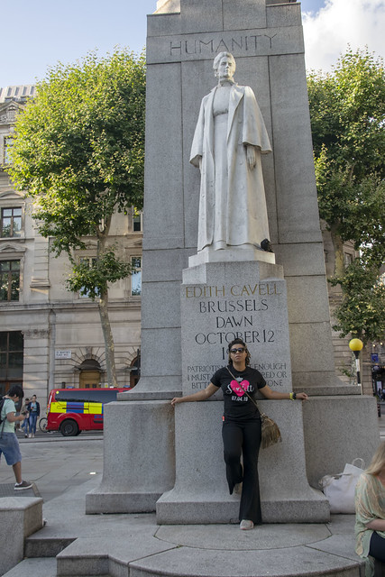 DSC_5857 Alesha Jamaican Fashion Model in Black Trousers and Love Tee Shirt with Sunglasses on Location London West End St Martin-in-the-Fields Memorial Statue For King and Country Humanity Edith Cavell Brussels Dawn October 12th 1915 Patriotism is not en