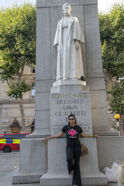 DSC_5856 Alesha Jamaican Fashion Model in Black Trousers and Love Tee Shirt with Sunglasses on Location London West End St Martin-in-the-Fields Memorial Statue For King and Country Humanity Edith Cavell Brussels Dawn October 12th 1915 Patriotism is not en