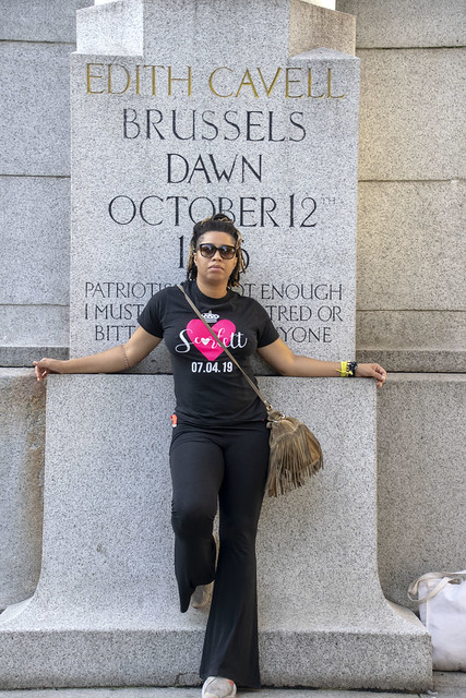 DSC_5859 Alesha Jamaican Fashion Model in Black Trousers and Love Tee Shirt with Sunglasses on Location London West End St Martin-in-the-Fields Memorial Statue For King and Country Humanity Edith Cavell Brussels Dawn October 12th 1915 Patriotism is not en