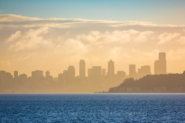Foggy Morning over Seattle Skyline Viewed from Ferry