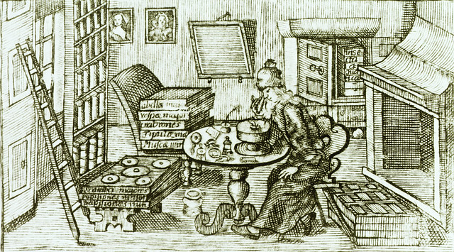 Eighteenth century scientist using microscope