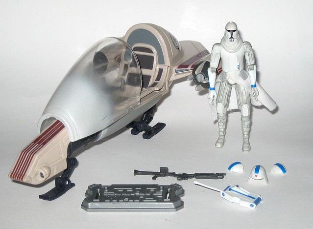 cold weather clone trooper and freeco speeder star wars the clone wars vehicle and figure blue black box  2010 hasbro b