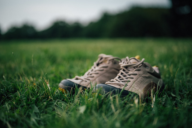 Hiking shoes in grass close-up