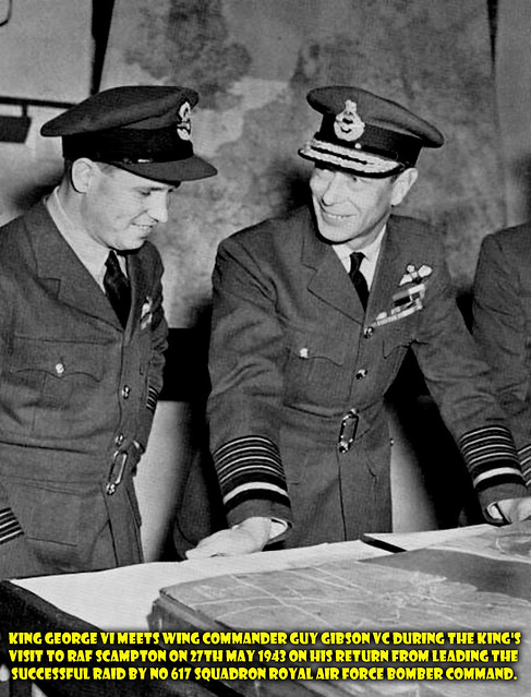 King George VI meets Wing Commander Guy Gibson VC during the King's visit to RAF Scampton on 27th May 1943 on his return from leading the successful raid by No 617 Squadron Royal Air Force Bomber Command.