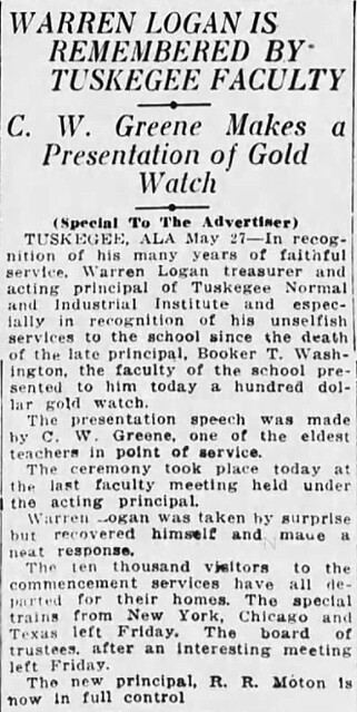 Warren Logan Receives Gold Watch from Tuskegee Institute - from The Montgomery Advertiser, May 28, 1916