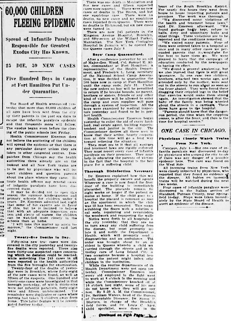 60,000 Chidren Fleeing Children's Epidemic of Paralysis - from The Sun, July 5, 1916