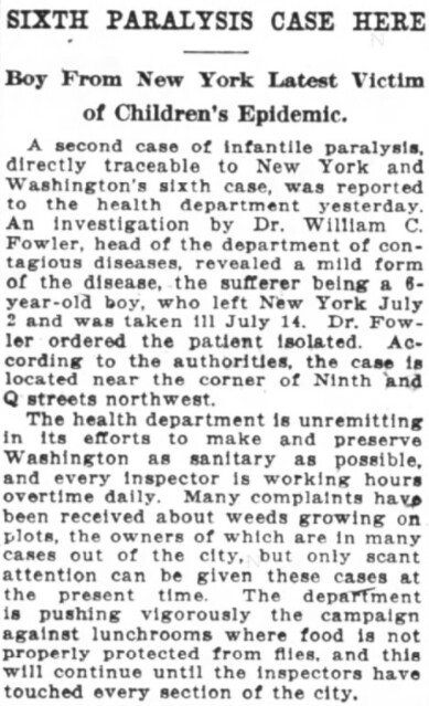 Washington DC Has Sixth Case of Children's Epidemic of Paralysis - from The Washington Post, July 23, 1916