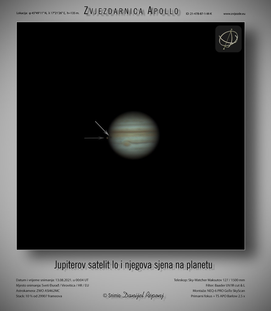 Jupiterov satelit Io i njegova sjena, 13.8.2021.
