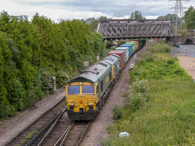 66534 & friend heading towards March at Peterborough on a container train, 11 August 2021,