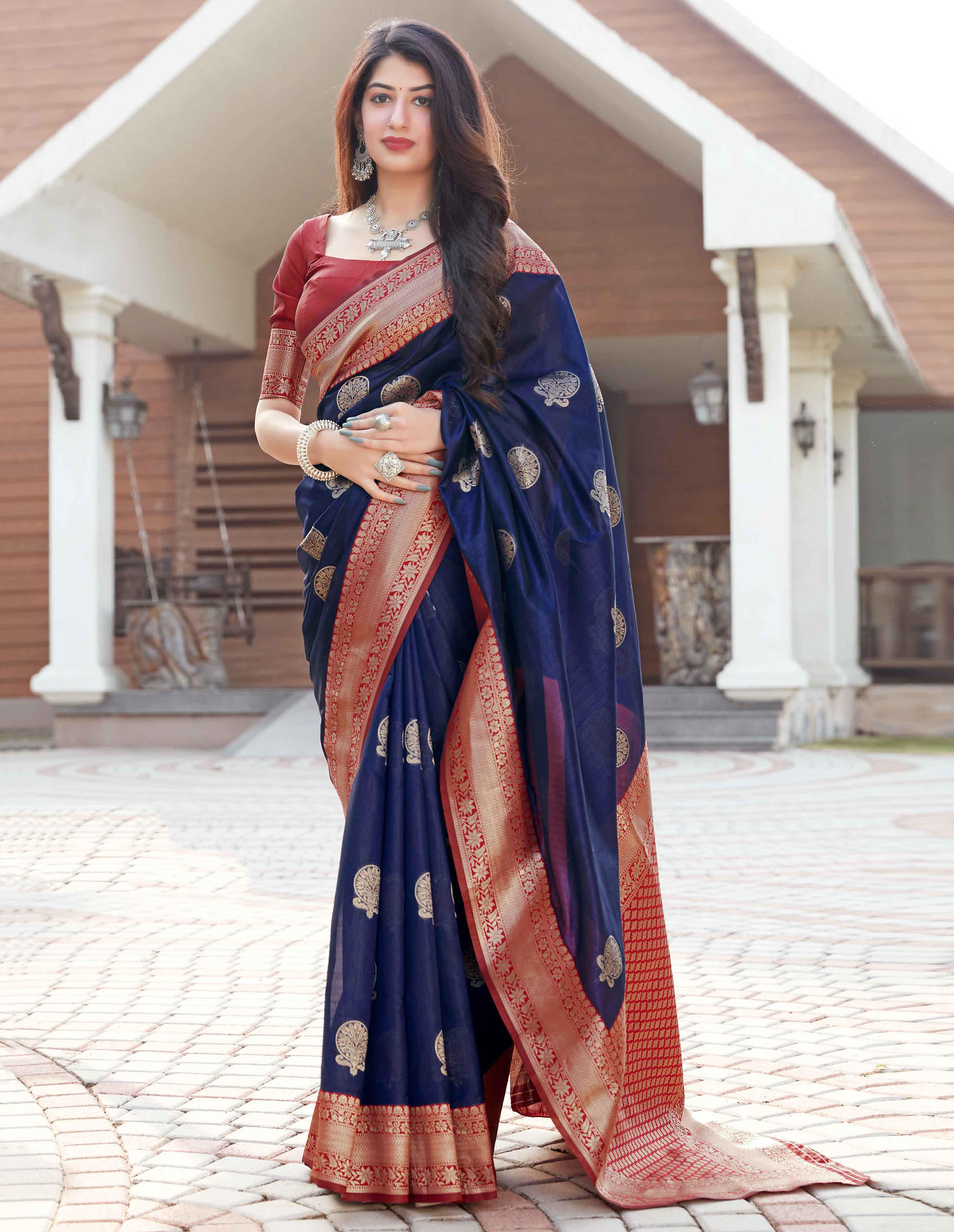 Stunning Hot Maroon Banarasi Silk Saree With Designer Blouse