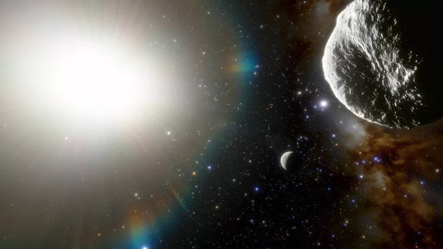 Egy művész fantáziarajza a Napról (jobbra), a 2021 PH27-ről (középen), és a Merkúrról (jobbra). Forrás: www.space.com