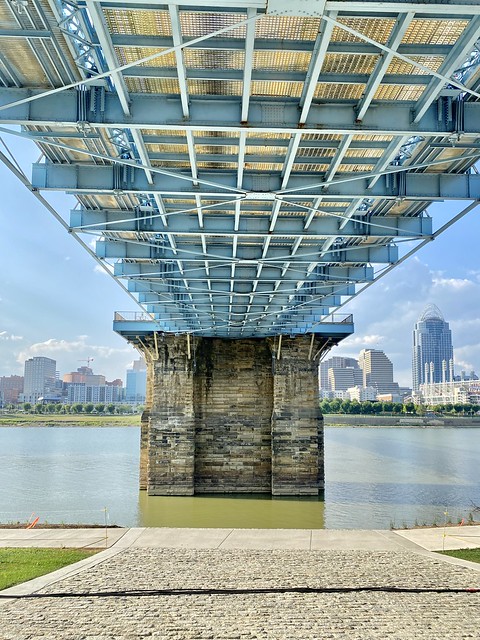 Cincinnati Skyline and Roebling Bridge from Riverfront Commons, Covington, KY