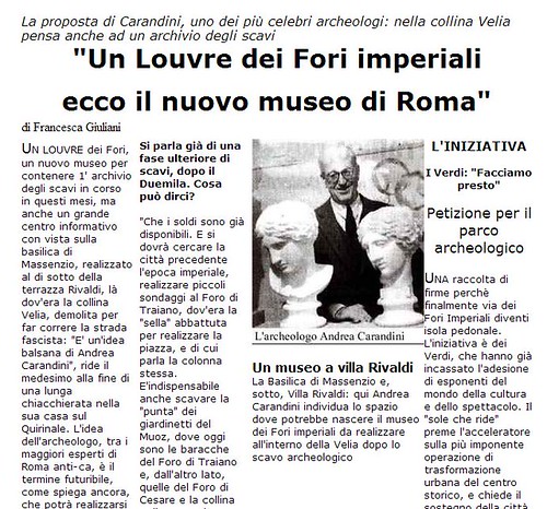 RARA 2021. Andrea Carandini, "Un museo per narrare Roma." CDS (22/08/2021). Che fine ha fatto il Louvre dei Fori Imperiali?; in: A. Carandini, La Rep. (03/12/1999). S.v.,  R.  Gualtieri; in: ROMA TODAY (23/08/2021); V. Raggi; in: Il Mess. (24/08/2021).