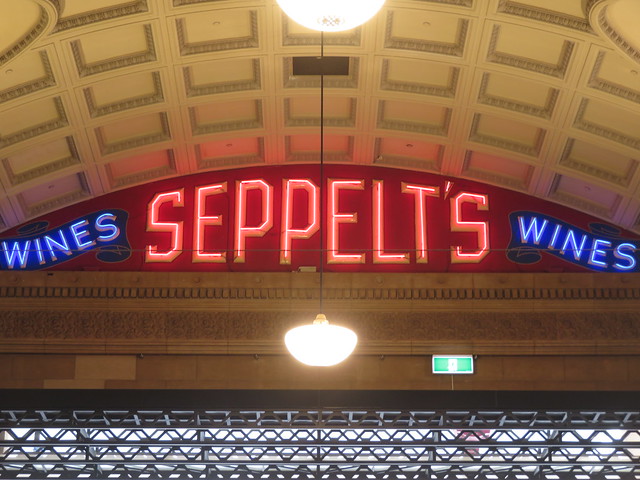 Adelaide Railway Station - Seppelt's Wines neon sign lit up