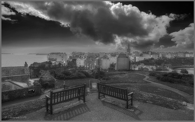 A Town in monochrome and two benches to sit on