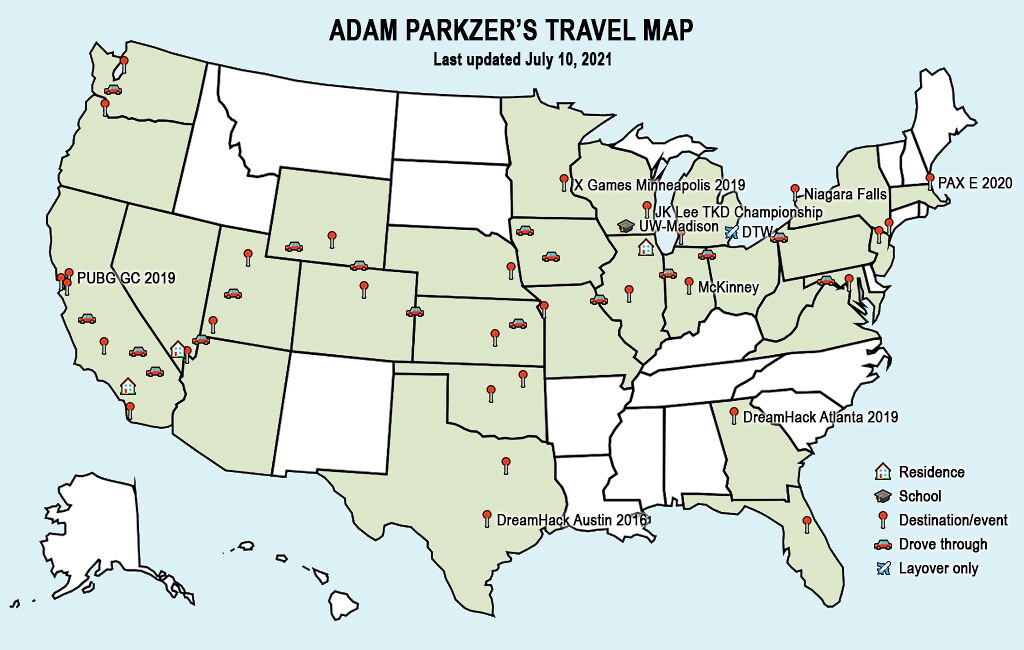 Adam Parkzer's travel map