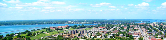 View of where Lake Erie empties into the Niagara River (note the international Peace Bridge at its source), at Buffalo, New York / Fort Erie, Ontario