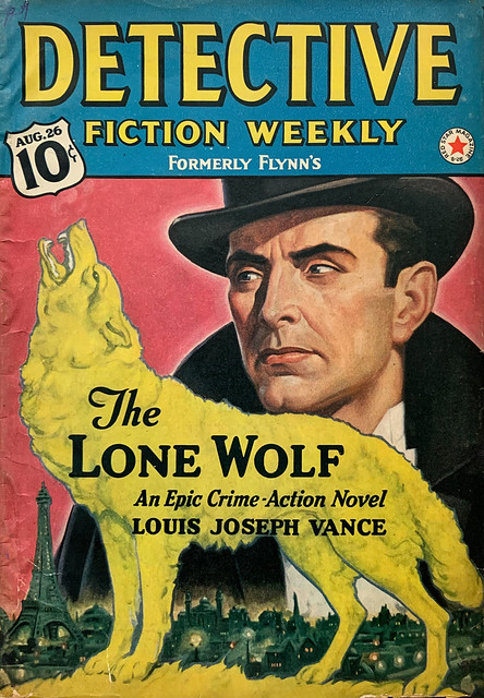 “Detective Fiction Weekly,” Vol. 130, No. 5 (August 26, 1939). Uncredited cover art for “The Lone Wolf,” a crime novel by Louis Joseph Vance.  Part 1 of 6.