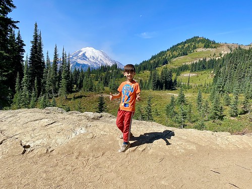 My son enjoying views of Mount Rainier