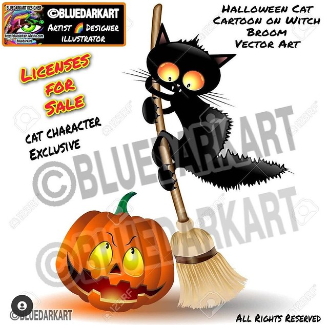 Halloween Cat Cartoon on Witch Broom 🎃🐈‍⬛ ORIGINAL VECTOR ART ©️ BluedarkArt