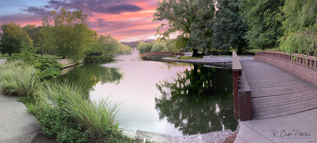 Large file stitched Pano of an early morning at Loose Park Pond in the central park of Kansas City, MO, USA.