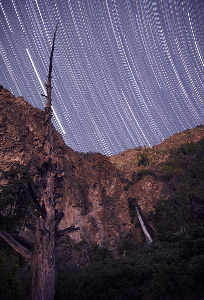 Startrails, waterfall and mountains