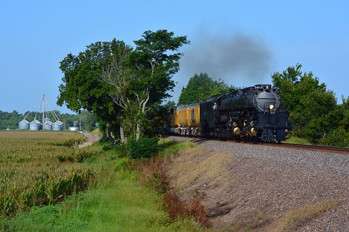 union pacific railroad up 4014 big boy steam locomotive 4884 train fisk missouri farm trees