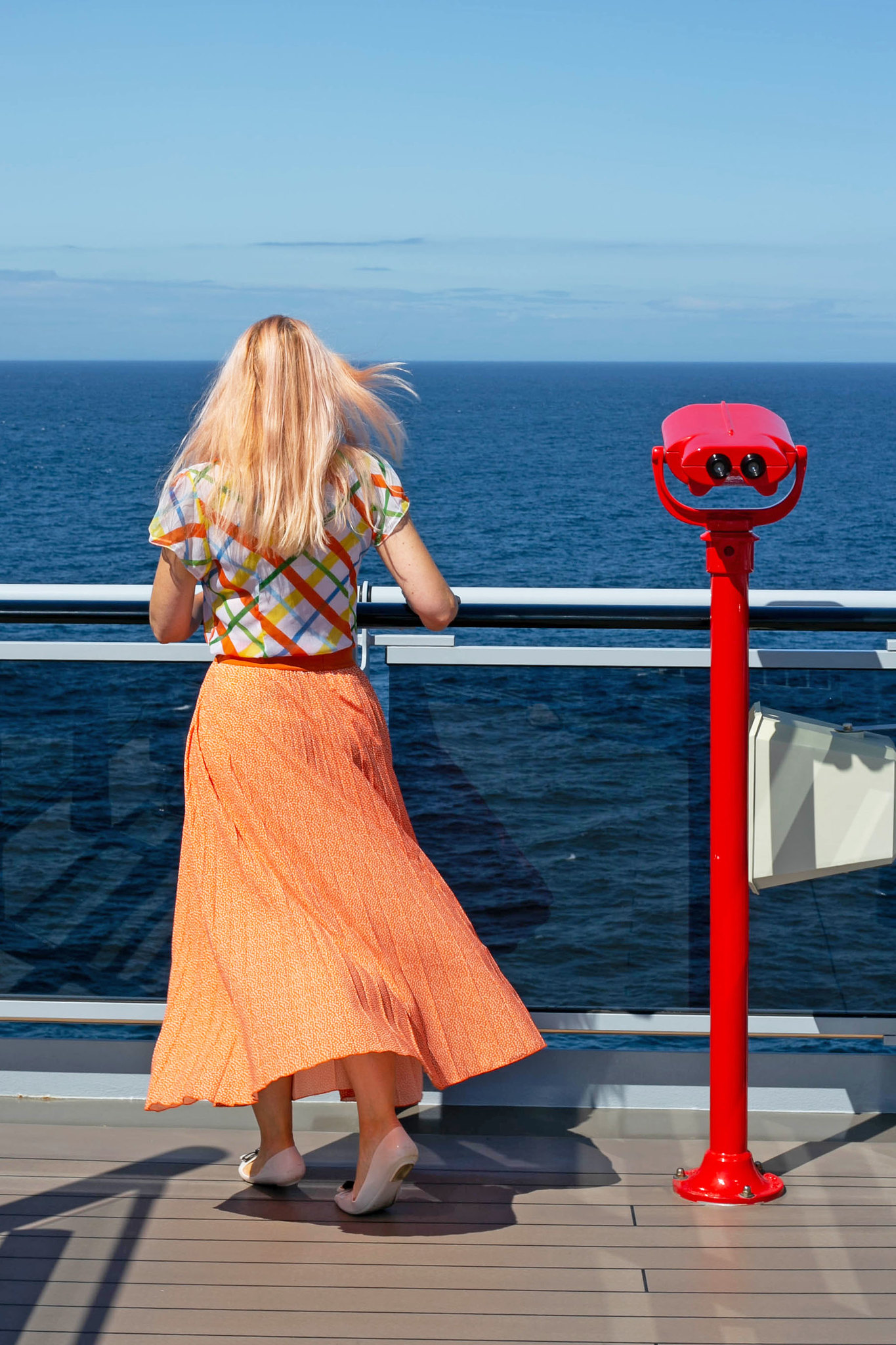 Cruise ship style: Orange Pleated Maxi & a Vintage Multicoloured Ruffled Top | Not Dressed As Lamb, Over 40 Style and Fashion
