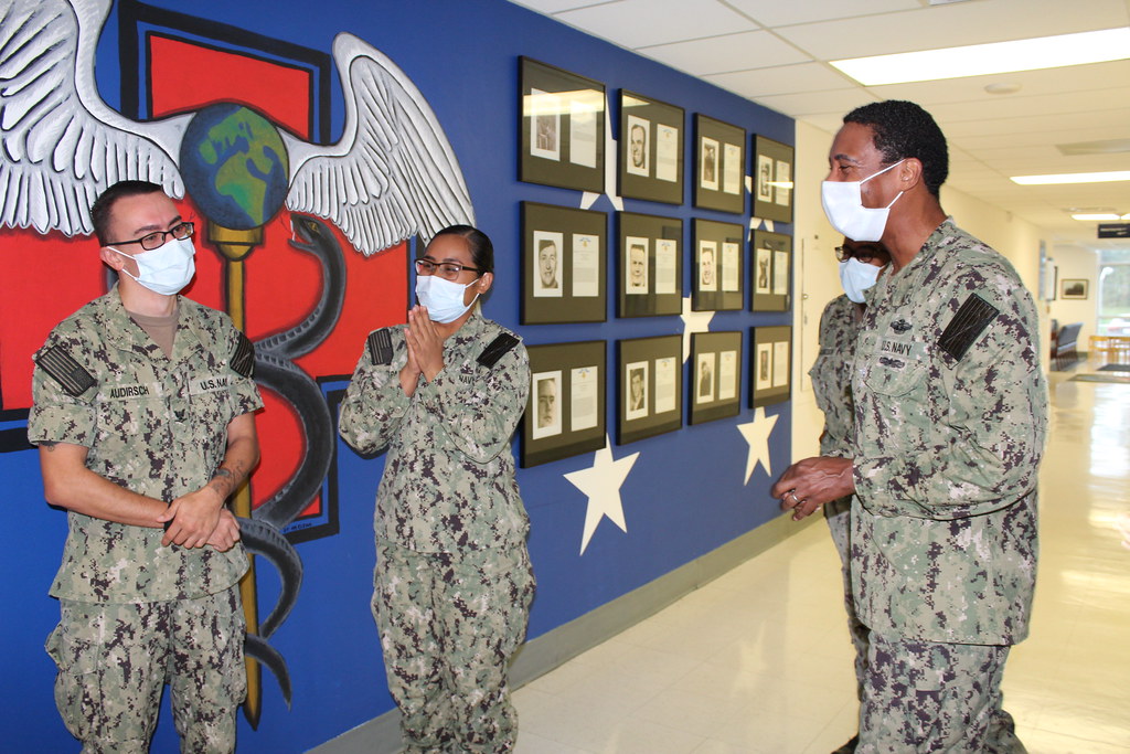 This morning CAPT David Thomas surprised HN Sharmin Espanto and HM3 Joshua Audirsch with the news that they’d been promoted to E4 and E5, respectively, under the Meritorious Advancement Program. Congratulations, Corpsmen! 9/1/2021. NMRTC Patuxent River.