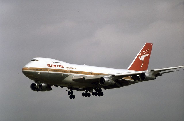Qantas beauty :) VH-EBD Boeing 747-238B on final approach to runway 28L at London Heathrow