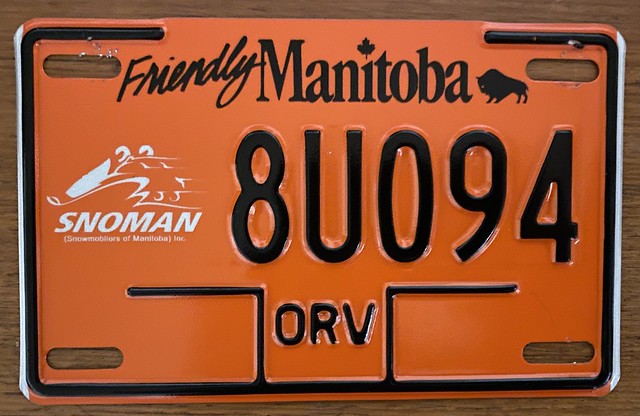 Unstickered Manitoba Offroad Vehicle license plate after stickers are discontinued.