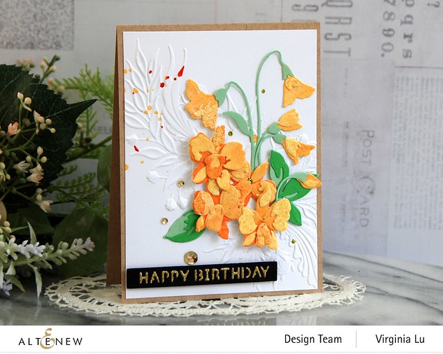 Altenew-CAF Dendrobium Orchid-Cheerful Bloom 3D Embossing Folder-Essential Sentiment Strips Die-Glided Glitter Card stock-001