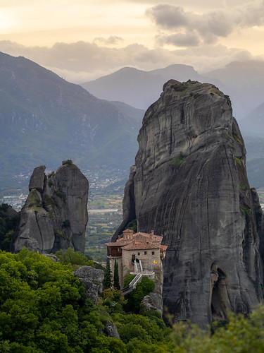 Meteora monastery during sunrise, Greece by TeunJanssen, The magical landscape of Meteora in Greece is a rock formation hosting Orthodox monasteries built by