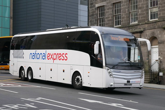 Bruce of Salsburgh Scania K450EB6 Caetano Levante BV67EVN, in National Express livery, out of service at Elder Street having departed Edinburgh Bus Station on 27 August 2021.