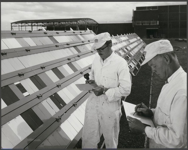 Technicians testing samples that have been left in the open, Balm Paints Research Laboratories, 14 McNaughton Road, Clayton, 1961