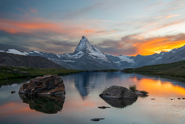 Sunset At Stellisee Lake with mattherhorn on the background