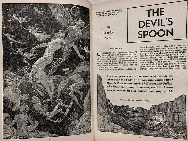 “The Devil’s Spoon” by Theodora Du Bois in “Famous Fantastic Mysteries,” Vol. 9, No. 5 (June, 1948).  Illustrated by Lawrence.