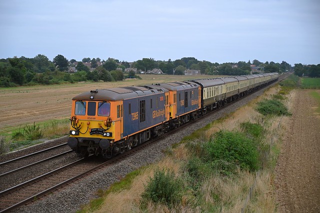 GBRf Charity Rail Tours, 'This Time it's Personal' 1Z24 16.54 Harwich International - London Euston via Ely, with 73965 & 73963 leading & 66769 trailing. 02 09 2021