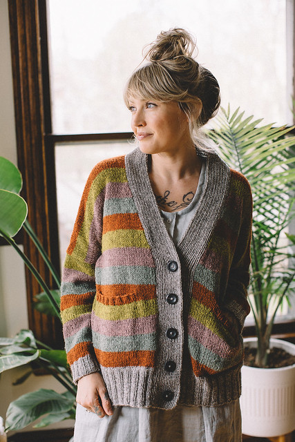 The Douglas Cardi by Andrea Mowry is a grandpa-style cardigan complete with stripes, big pockets, and a relaxed fit.