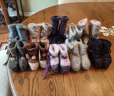 Beverley knits these booties for the First Nations babies in Dawson City, Yukon