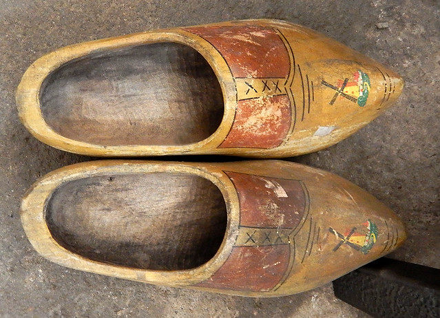 Antique wooden shoes in a store in Sweden