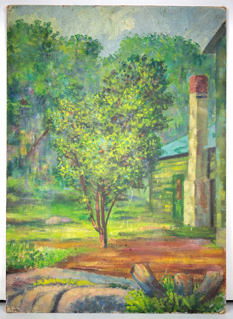 Painting, green tree & chimney