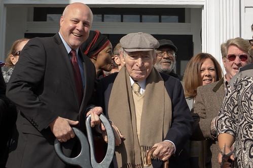 New Orleans Mayor Mitch Landrieu and George Wein at the dedication of the George and Joyce Wein Jazz & Heritage Center on December 11, 2014. Photo by Charlie Steiner.