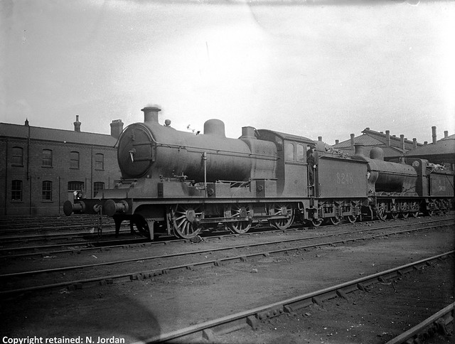 CAIMF976-Str.E72-1912, Class J18, No.8248, & DO.233.1015-1903, Class Q1, No.3428, at Doncaster M.P.D.-06-1925-(GLASS NEGATIVE)