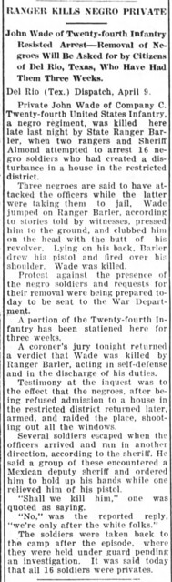 Private John Wade of Company C, Twenty-fourth US Infantry, Killed by State Ranger Barler from The Monroe Journal, April 11, 1916