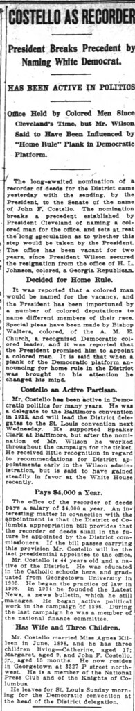 President Wilson Appoints White Democrat as Recorder of Deeds for DC, A Position Held for More Than A Generation by Black Men - from The Washington Post, June 9, 1916